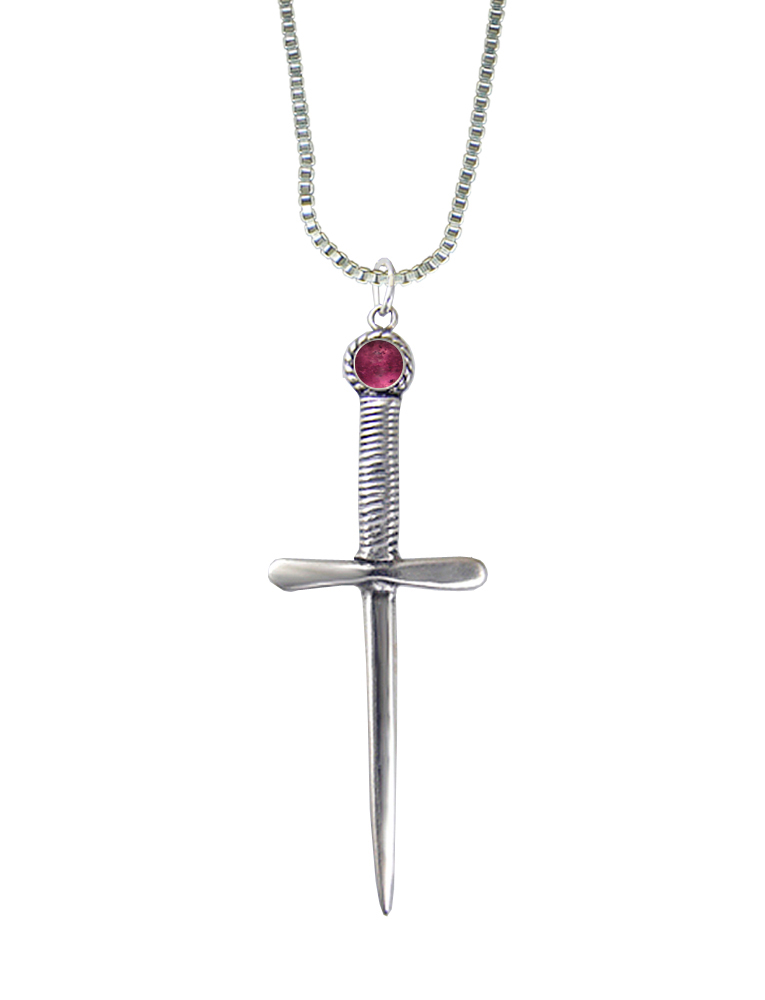 Sterling Silver Queen's Protector Knife Dagger Pendant With Pink Tourmaline